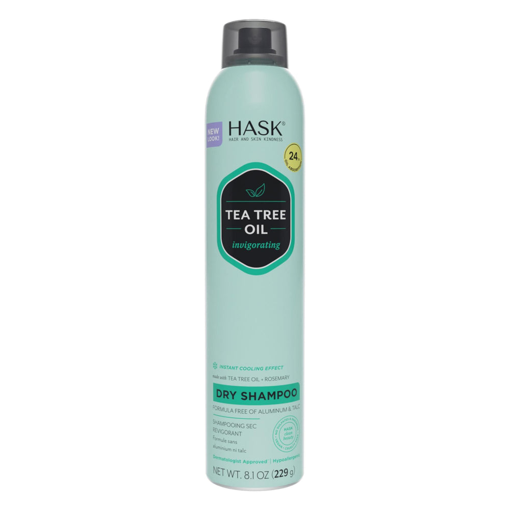 HASK Shampoing sec arbre à thé, bouteille en vedette, absorption rapide de l'huile.
