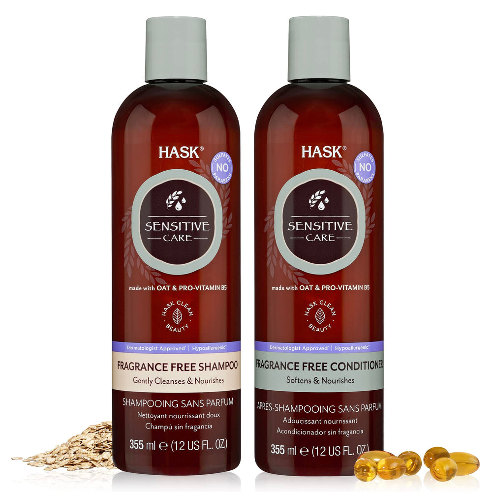 Shampooing sensitive HASK dans sa bouteille, douceur et hydratation pour cuir chevelu sensible.