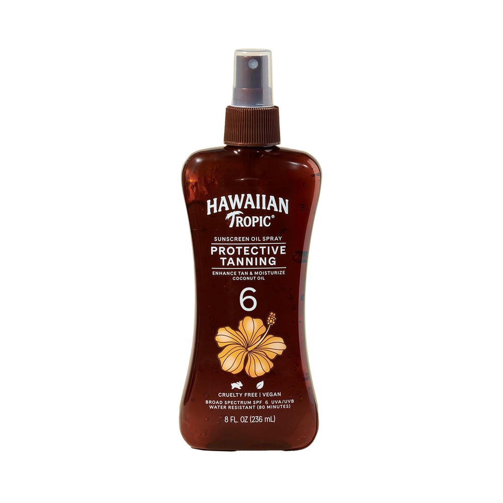 Huile bronzante Hawaiian Tropic en spray pompe pour un bronzage lumineux et hydraté.