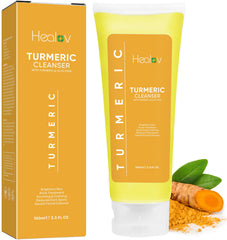 Healov nettoyant visage curcuma – bouteille pompe, rinçage rapide et doux.