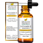 Health Priority Natural Products flacon en gros plan, huile vitamine E pour hydratation visage et cheveux