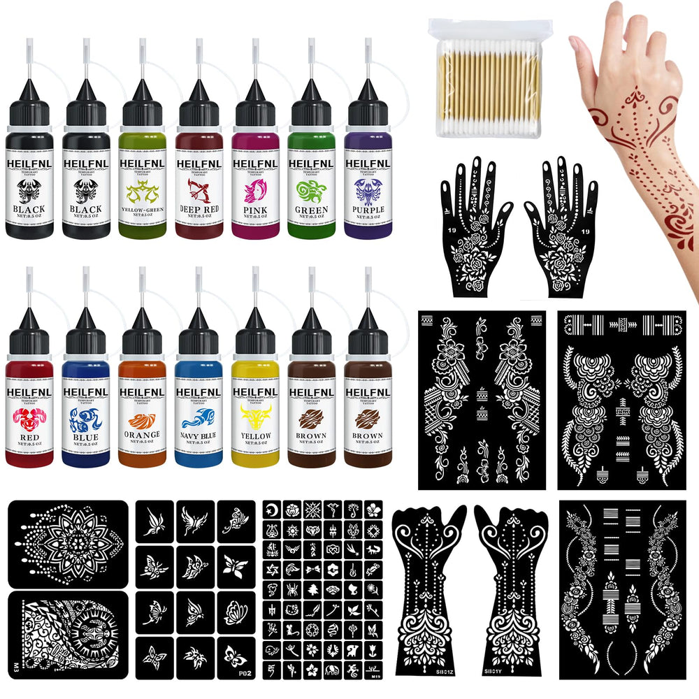 HEILFNL temporary tattoo ink bottles display for bold colors