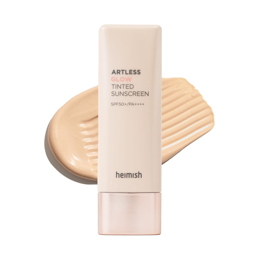 HEIMISH Artless Glow en bouteille, crème solaire teintée pour éclat naturel et protection.