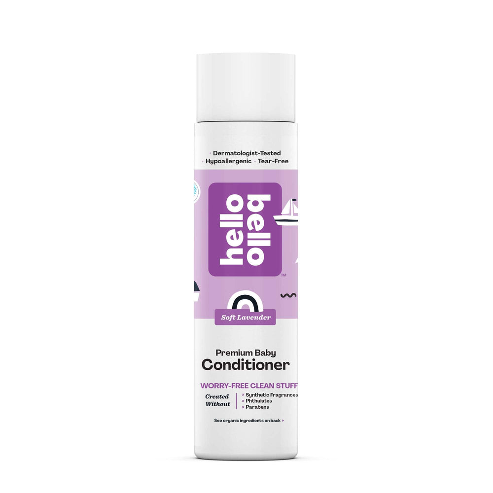 Hello Bello Soft Lavender Conditioner bottle showing gentle plant-based care for baby hair.