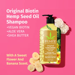 Hempz Biotin Shampoing Original, etiquette visible, cheveux colorés mieux nourris.