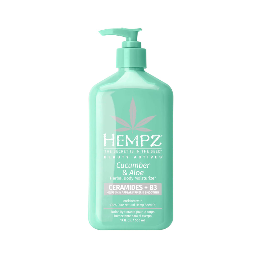 Lotion Hempz Concombre et Aloe édition limitée, bouteille élégante prête à l'hydratation.