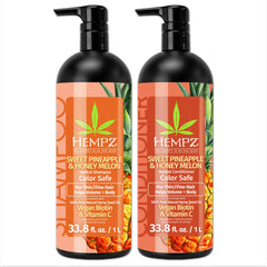 Shampooing Hempz en flacon-pompe, parfum Ananas doux et Melon miel, hydrate les cheveux.