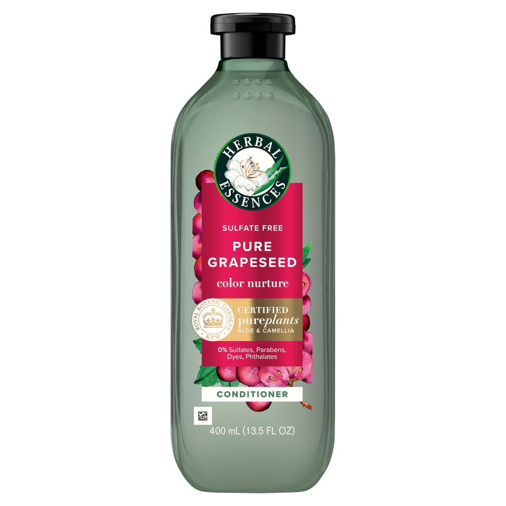 Herbal Essences Grapeseed Color Nurture: bouteille visible, nourrissement léger pour cheveux colorés.