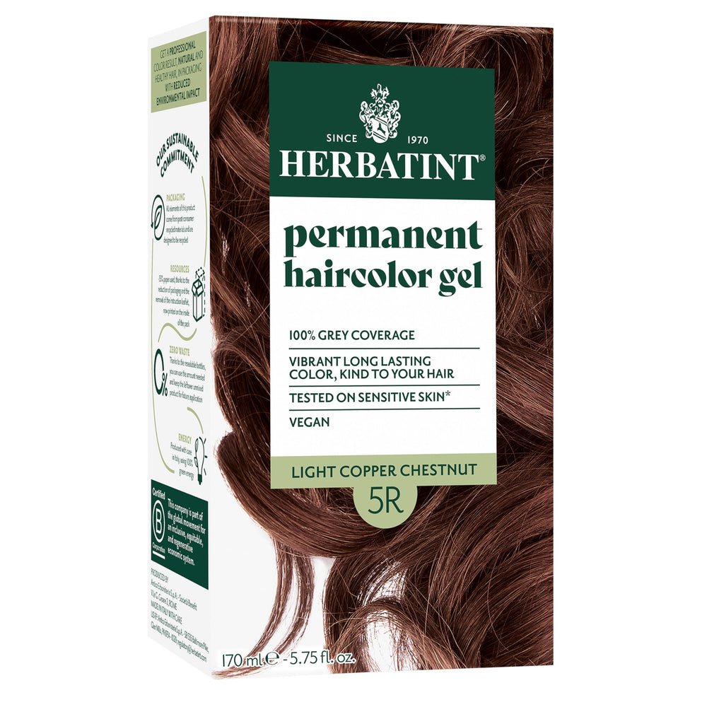 Herbatint 5R cuivre clair chatain: couverture fiable des gris résistants et reflets cuivre lumineux.