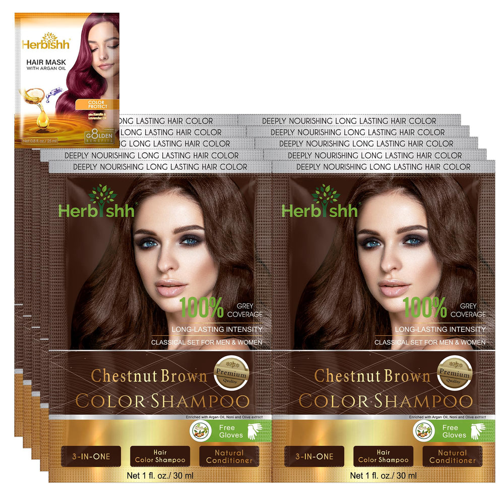 Herbishh Shampoing colorant gris en application pour une couleur brun-châtain durable.