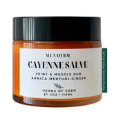 Herbs of Eden Baume Cayenne Arnica dans un bocal en verre, utilisation topique apaisante.