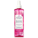 Heritage Store Rosewater bottle closeup, a refreshing skin mist suitable for all skin types.