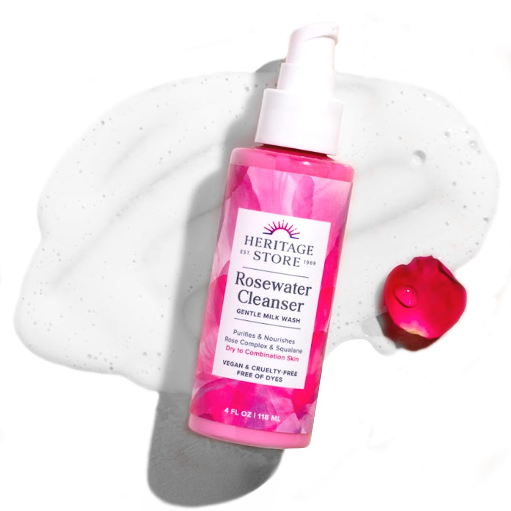 HERITAGE STORE Rosewater Facial Cleanser – flacon pompe, nettoie en douceur et laisse la peau fraîche.