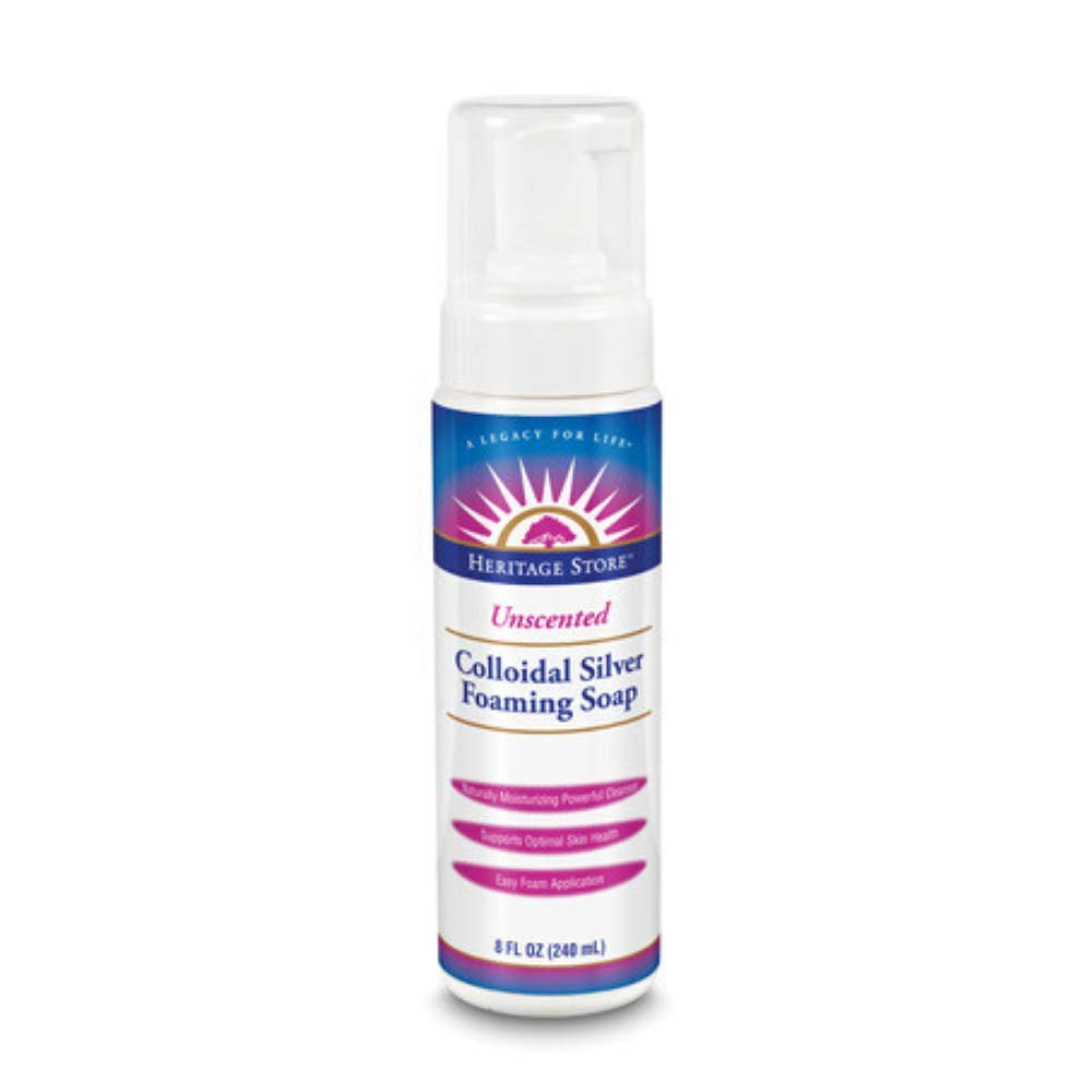 Savon argent colloïdal HERITAGE STORE en mousse, sans parfum, bouteille plastique.