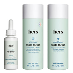 Hims & Hers shampooing triple-menace, bouteille affichée, potentiel volume et vitalité.