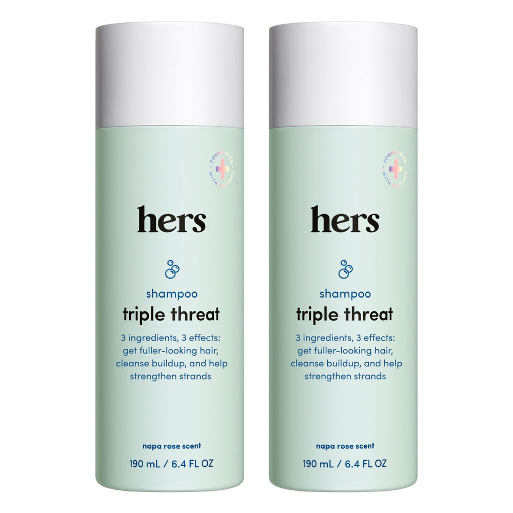 Shampoing Hers Triple Threat – bouteille volume, impression d’épaisseur et hydratation accrue.