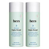 Shampoing Hers Triple Threat – bouteille volume, impression d’épaisseur et hydratation accrue.