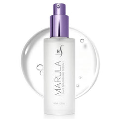 HerStyler Marula Oil Hair Serum bottle being poured to control frizz