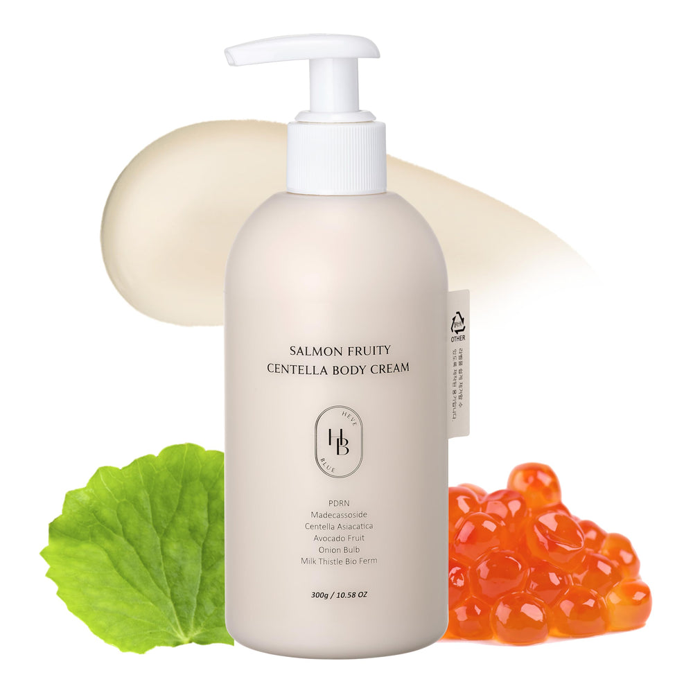 HEVEBLUE Creme Corps Saumon Fruité Centella bouteille hydratante durable.
