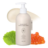 HEVEBLUE Creme Corps Saumon Fruité Centella bouteille hydratante durable.