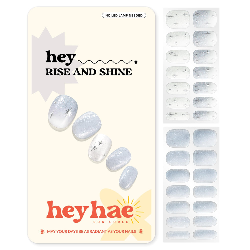 Heyhae – Bande gel bleu avec paillettes et étoiles, look élégant sur les ongles.