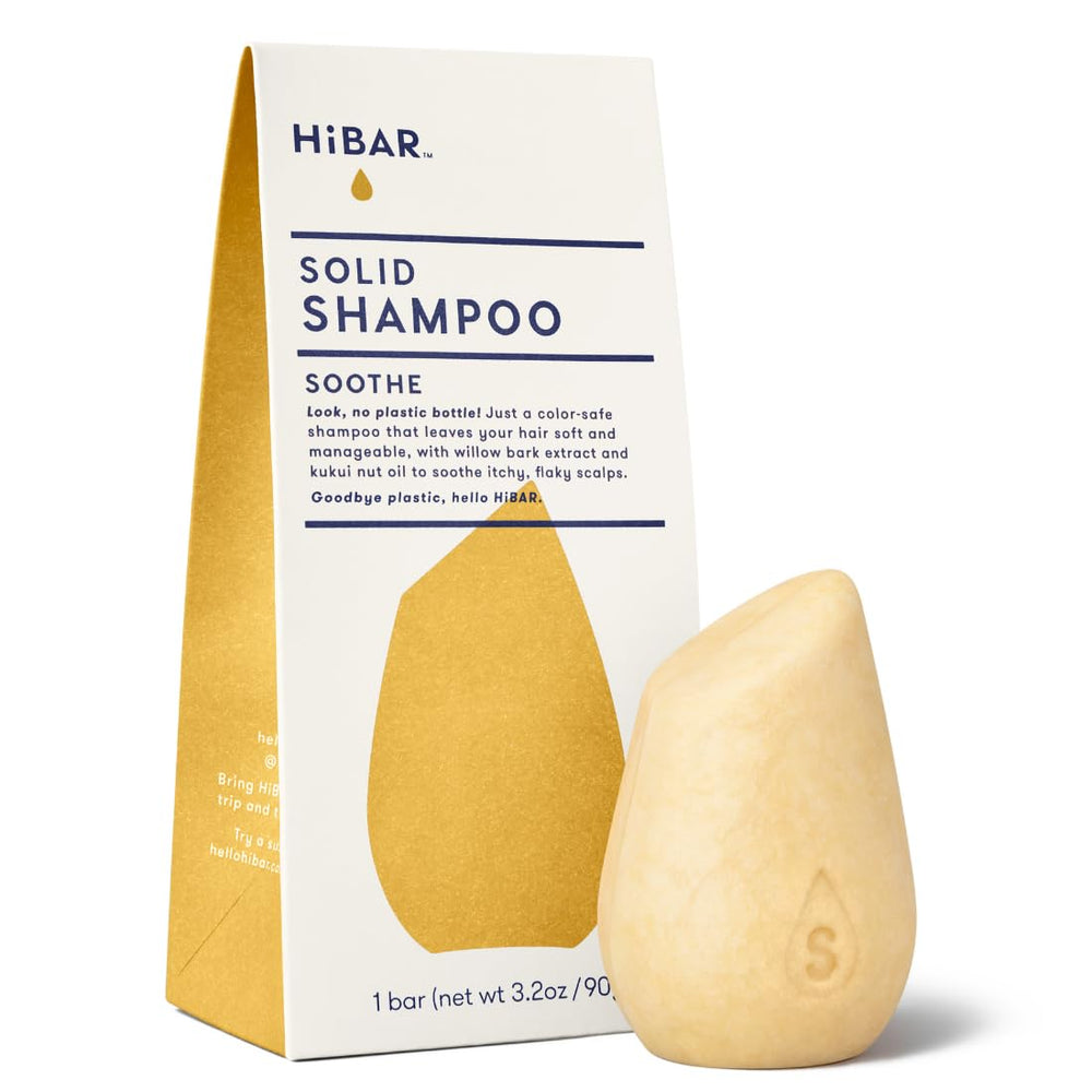 HIBAR Soothe shampoo bar front view, compact solid formula ideal for dry, irritated scalps