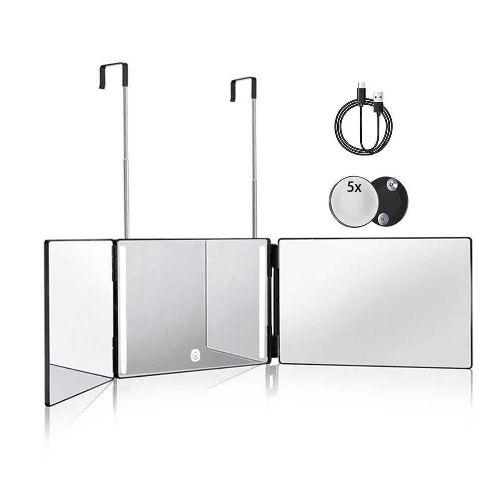 HIEEY miroir tri-volets avec lumière, vue 360 pour coiffage précis.