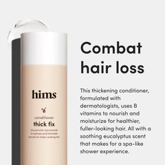 hims après-shampooing épaississant – étiquette nette et parfum frais pour usage quotidien.