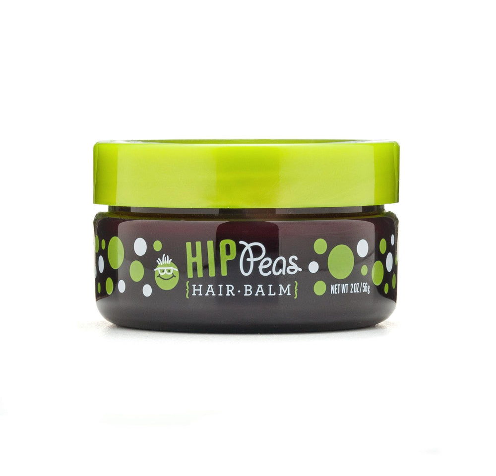 Hip Peas Hair Balm jar shown with light hold for kids' styling.