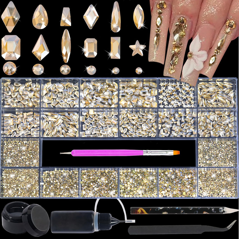 Kit de strass HNUIX Champagne Gold pour ongles, brillance éclatante et entretien facile.
