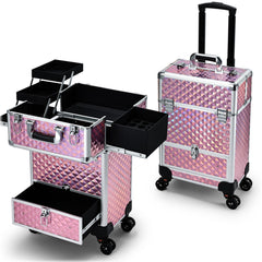 Coffre maquillage Hododou roulant avec tiroir, rose pailleté, rangement élégant.