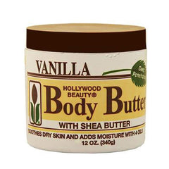 Hollywood Beauty Beurre corporel karité vanille – pot exposé, hydratation rapide et durable.