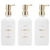Shampoing HOMCDALY 600 ml blanc et or, pratique et élégant pour la douche.