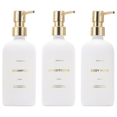 Shampoing HOMCDALY 600 ml blanc et or, pratique et élégant pour la douche.