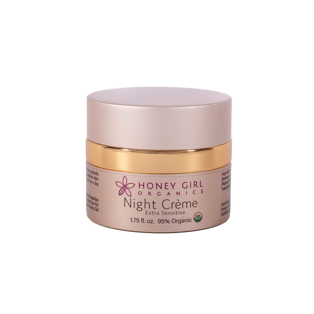 Honey Girl Organics Crème Nuit Extra Sensible en pot, hydratation nocturne apaisante.