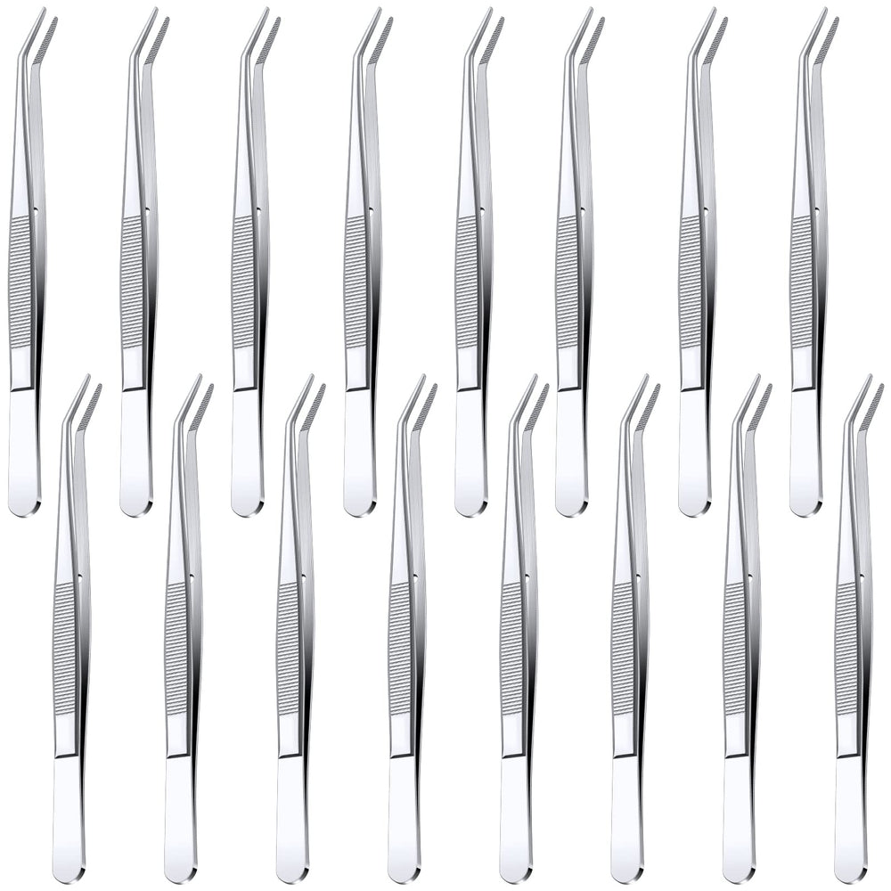 Pinces Honoson inox 16 pièces, pointe incurvée pour manipulation précise.