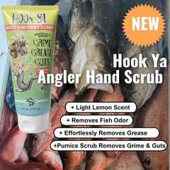 Hook'Ya hand soap grease removal close-up demonstrates powerful grime cutting for outdoor gear