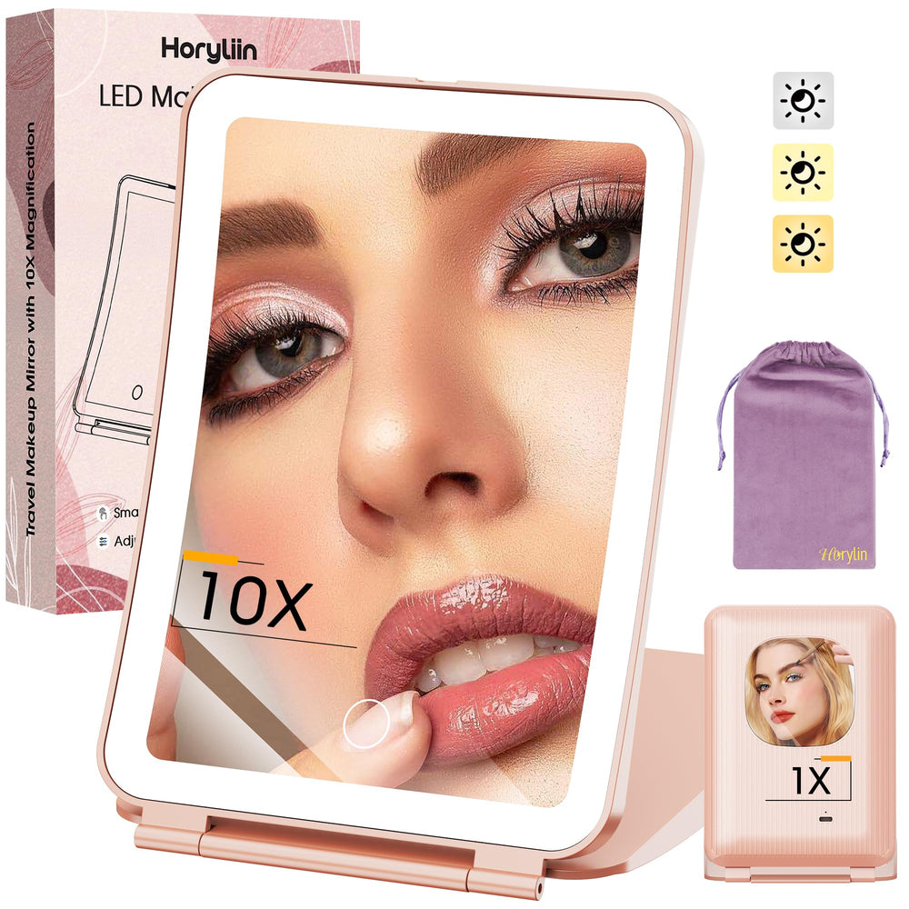 Miroir de voyage Horyliin avec lumière, vue nette et détails précis pour le maquillage.