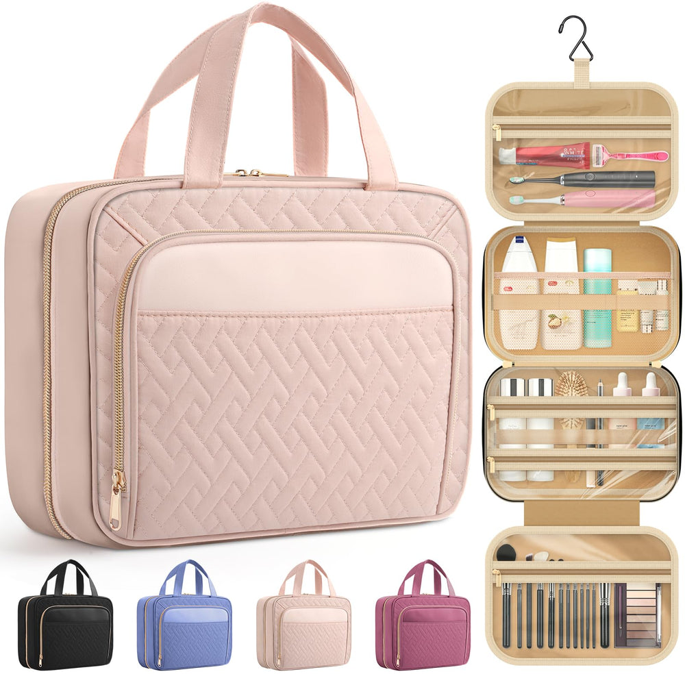 HOTOR Trousse de toilette voyage rose pâle ouverte, accès rapide aux essentiels.