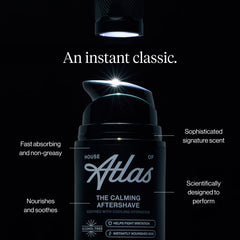 House of Atlas après-rasage: ingrédients Aloe et Camomille apaisants pour peaux sensibles.