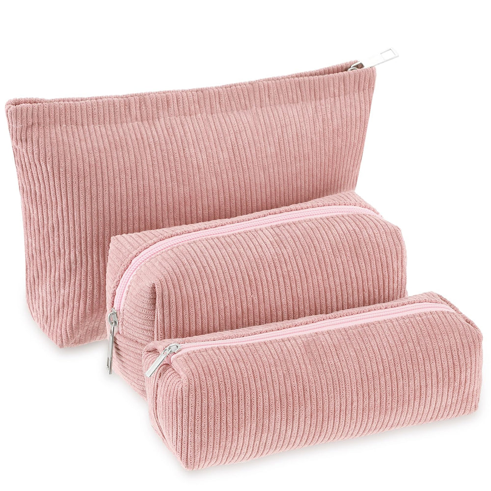Huhumy trio de trousses velours côtelé rose, parfait pour organiser le maquillage lors des voyages.