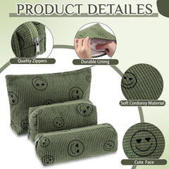 Trousse de toilette Huhumy velours côtelé vert kaki, visage souriant, parfaite pour cosmétiques et accessoires.