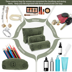 Pochette voyage Huhumy velours côtelé vert kaki, visage souriant, idéale pour organisation quotidienne.