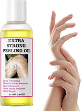 Huile exfoliante jaune, bouteille prête à l’emploi pour peeling en douceur.