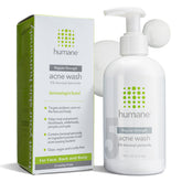 Humane 5% benzoyl peroxide face wash bottle highlights acne-prone skin benefits.