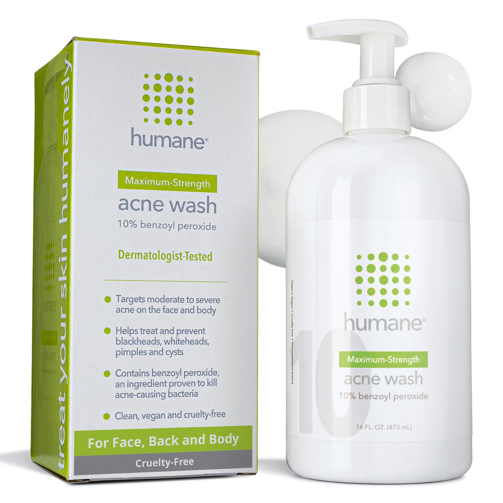 Humane Lave-Acné 10% benzoyl peroxide – flacon ciblant les pores.