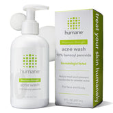 Humane lave-acné au peroxyde de benzoyle 10 %, flacon visible et action ciblée.