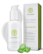 Humane oil-free moisturizer jar closeup, lightweight texture for acne-prone skin