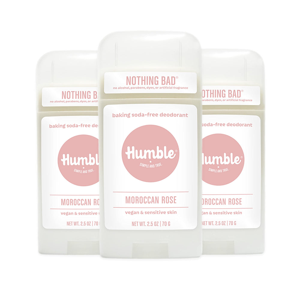 Déodorant Humble Brands sans aluminium Morocaine Rose en flacon, fraîcheur durable.