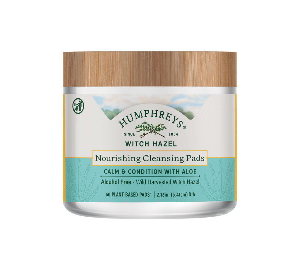 Lingettes Humphreys hamamélis nourrissantes, emballage pratique pour nettoyer et rafraîchir sans alcool.